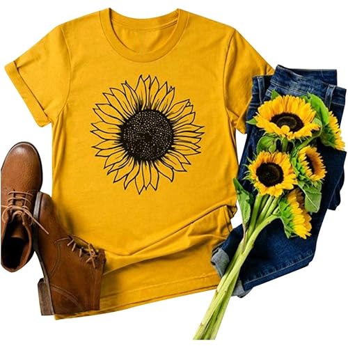 FABIURT Women Summer Crewneck Short Sleeve Graphic Sunflower Print Tops Cotton Casual Blouse Tunic Shirt Plus Size