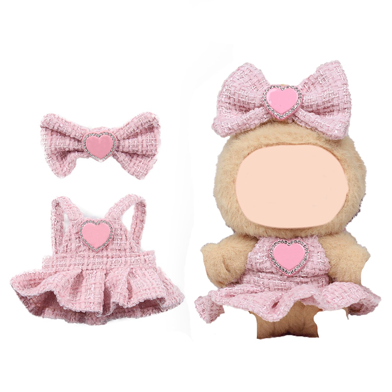 Handmade Doll Clothes for 17cm Plush Pendants - Pink Tweed Dress & Bow Outfit Set, Kawaii Accessories for Cute Monster Art Toys, Fashion Keychain Doll Costume (Doll Not Included)(Style E)