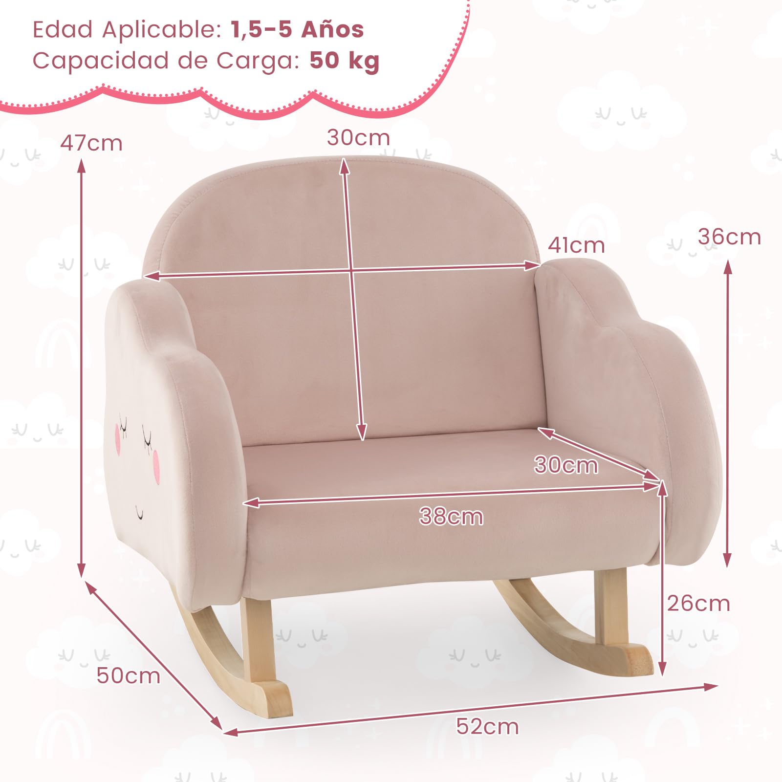 COSTWAY Silla Mecedora para Niños, Sillón Infantil Tapizado con Patas de Madera Maciza y Almohadillas Antideslizantes, Mecedora para Niños en Guardería, Sala de Juegos, Dormitorio (Rosa Ligero)
