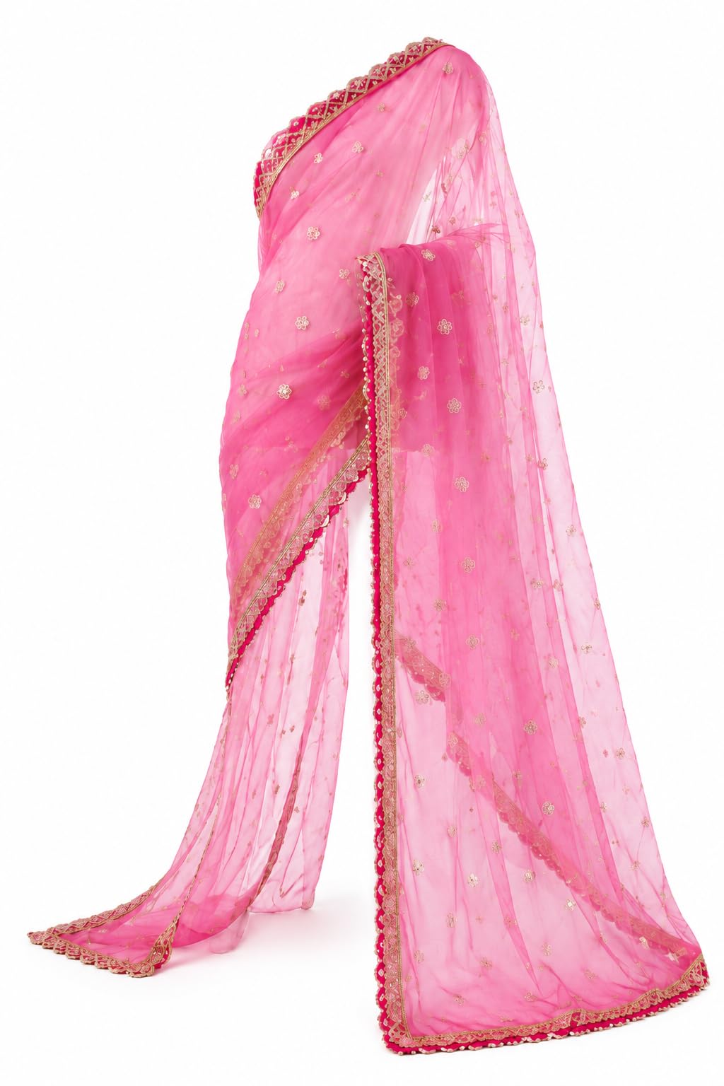 Pink Organza Dupatta with Gold Floral Embroidery and Lace Border-picture-36