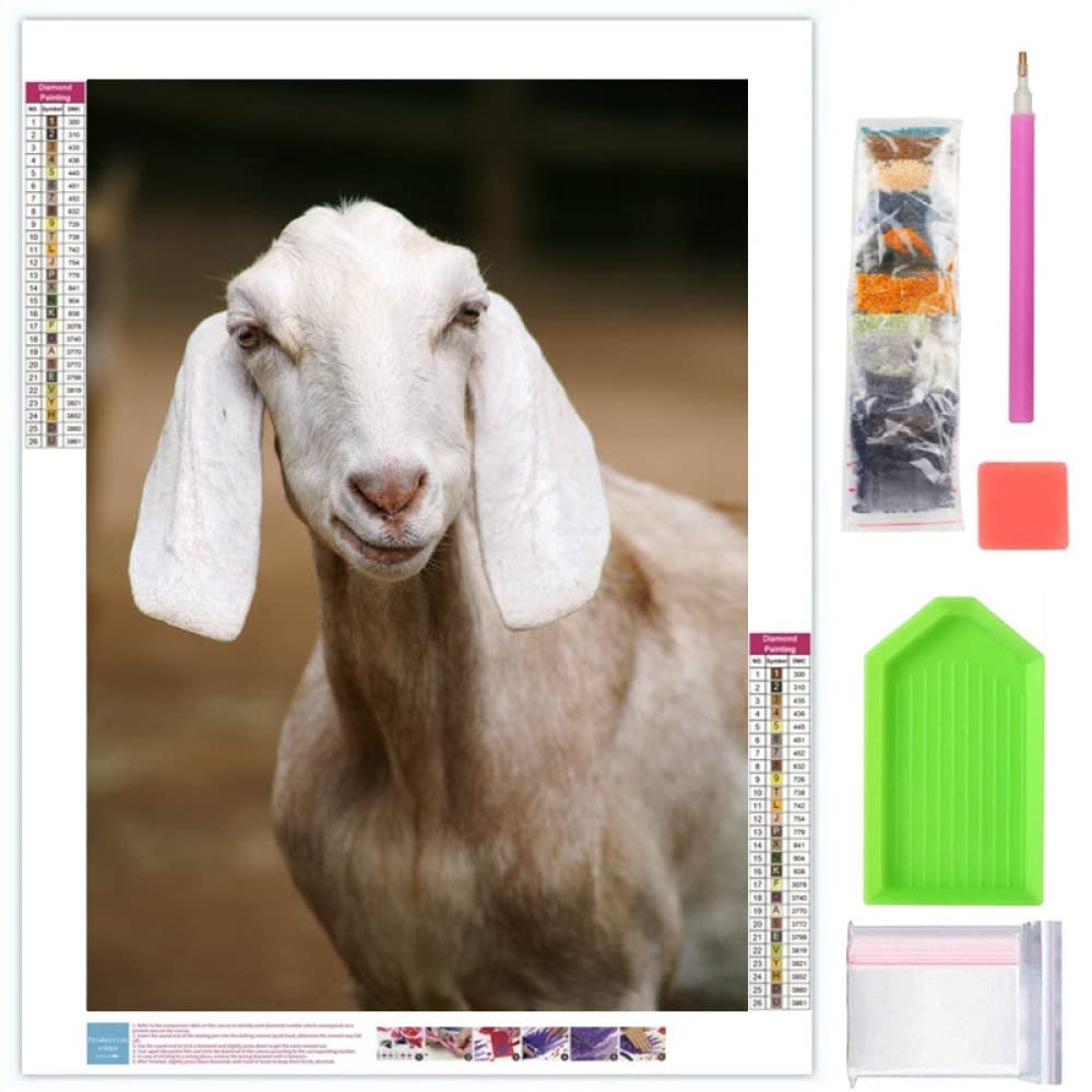 Diy 5D Diamond Painting Number Set -Full Round Drill Diamond Artist Wall Decoration,White Goat Animal Cross Stitch Embroidery Art Kits For Children'S Adult Bedroom Decoration,Round Drill,7.87×11.81 I