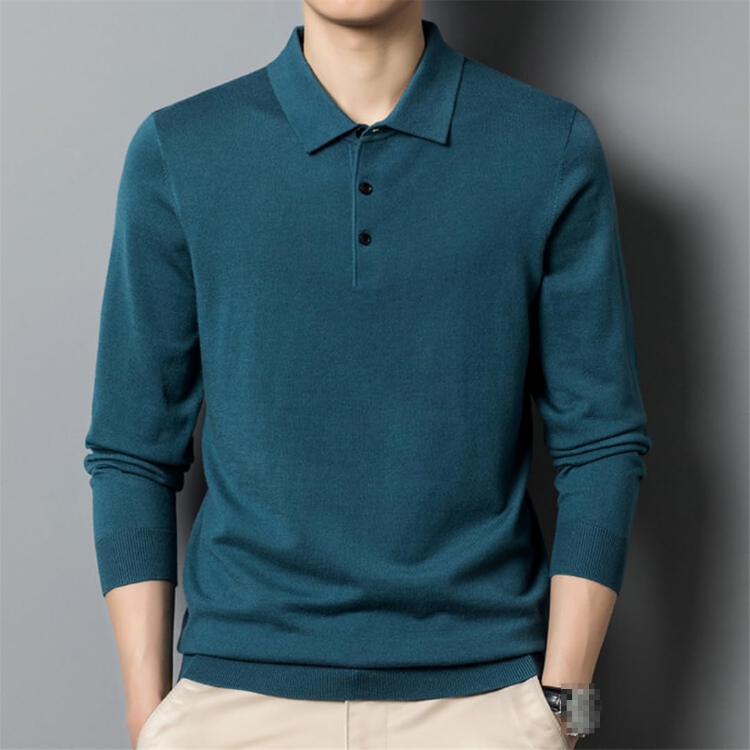Dndrdhfb Polo da Uomo in Maglia di Lana A Maniche Lunghe con Bottoni Bavero Slim Business Casual Pullover Polo Top