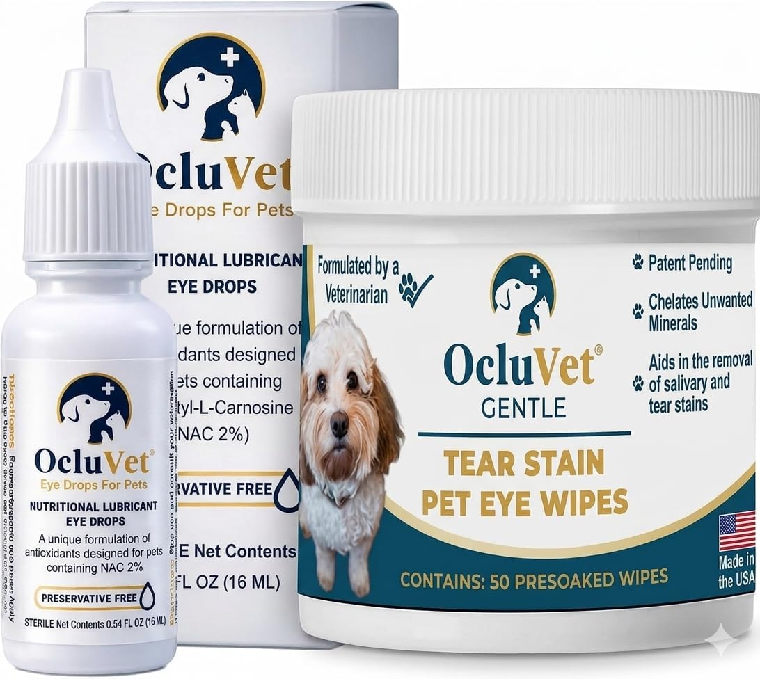 OcluVet Pet Eye Care Bundle | Eye Drops for Dogs & Cats with 2% NAC for Cataracts (16mL) + Tear Stain Wipes (50 Count) | Antioxidants, Tear Stain Remover, Non-Stinging Eye & Face Cleaner