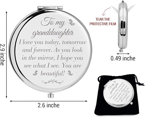 Miniatura 6 de LRUIOMVE Regalo para nieta de la abuela y el abuelo espejo de maquillaje de viaje grabado con diseño de plata inspirador espejo cosmético de