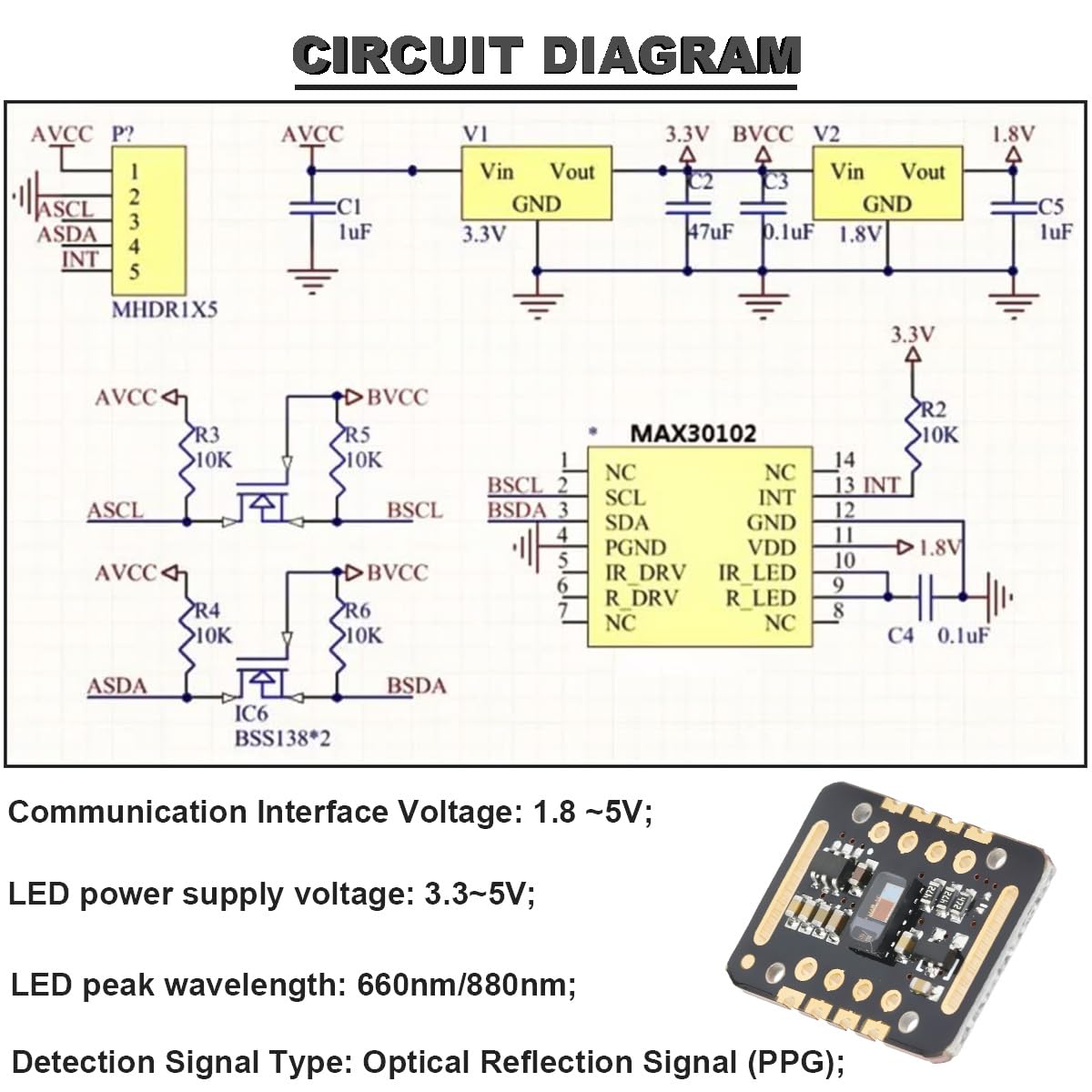 MAX30102 Module de capteur de fréquence cardiaque Détection d'impulsions Carte de détection de concentration d'oxygène dans le sang avec câble Compatible, pack de 4