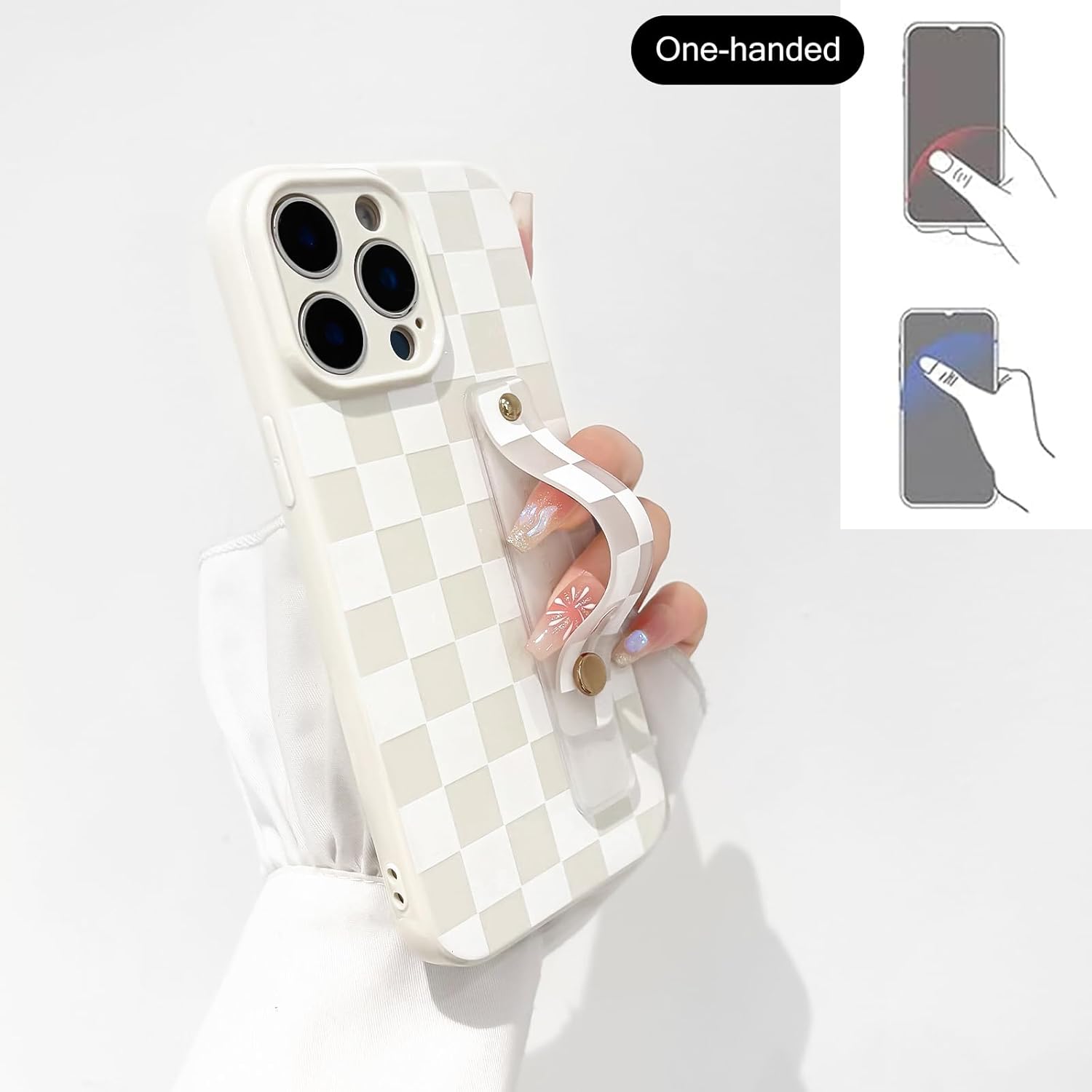 NITITOP Compatible with iPhone 14 Pro Max Case with Wrist Strap Kickstand Cute Trendy Checkerboard Plaid for Women Girls Slim Fit TPU Silicone Shockproof Full Camera Protective Cover - White - Image 7