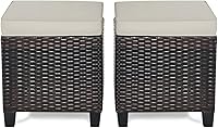 RELAX4LIFE 2-Piece Outdoor Wicker Ottoman Set with Cushions - All-Weather PE Rattan Patio Footstools, Square Poufs for Garden Porch (Brown)