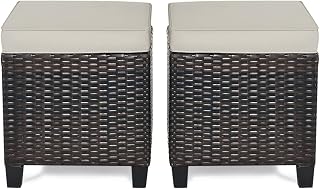 RELAX4LIFE 2-Piece Outdoor Wicker Ottoman Set with Cushions - All-Weather PE Rattan Patio Footstools, Square Poufs for Garden Porch (Brown)