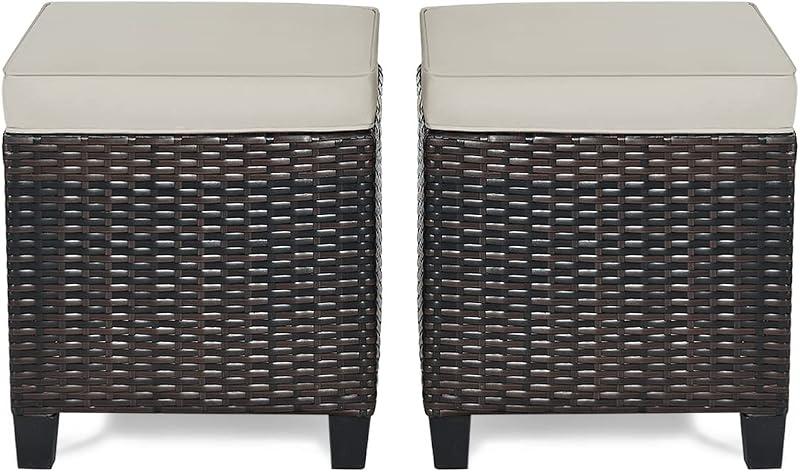 2-Piece Patio Ottoman Set - Wicker Footstools | All Weather PE Rattan Square Footstool, Removable Light Brown Cushions; Garden Porch Outdoor Pouf Seat