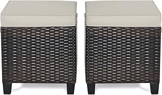 RELAX4LIFE 2-Piece Patio Ottoman Set - Wicker Footstools, All Weather PE Rattan Ottoman with Removable Cushions, Square Footrest Seat, Outdoor Stools for Garden, Porch, Pouf Ottoman (Brown)