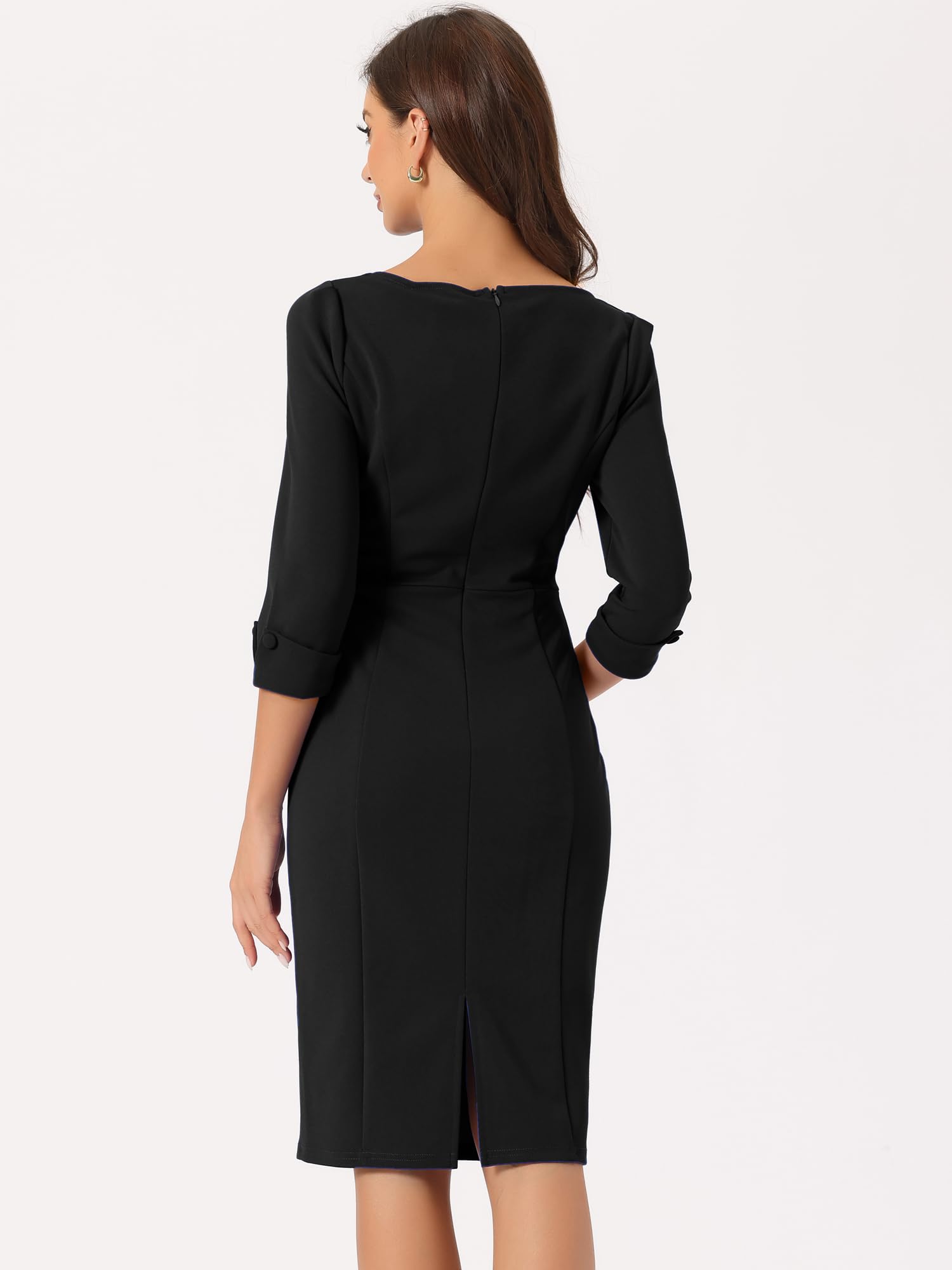 Allegra K Vestidos Midi para Mujer, Manga 3/4, Escote Corazón, Corte Ajustado, Vestido de Lápiz Oficina