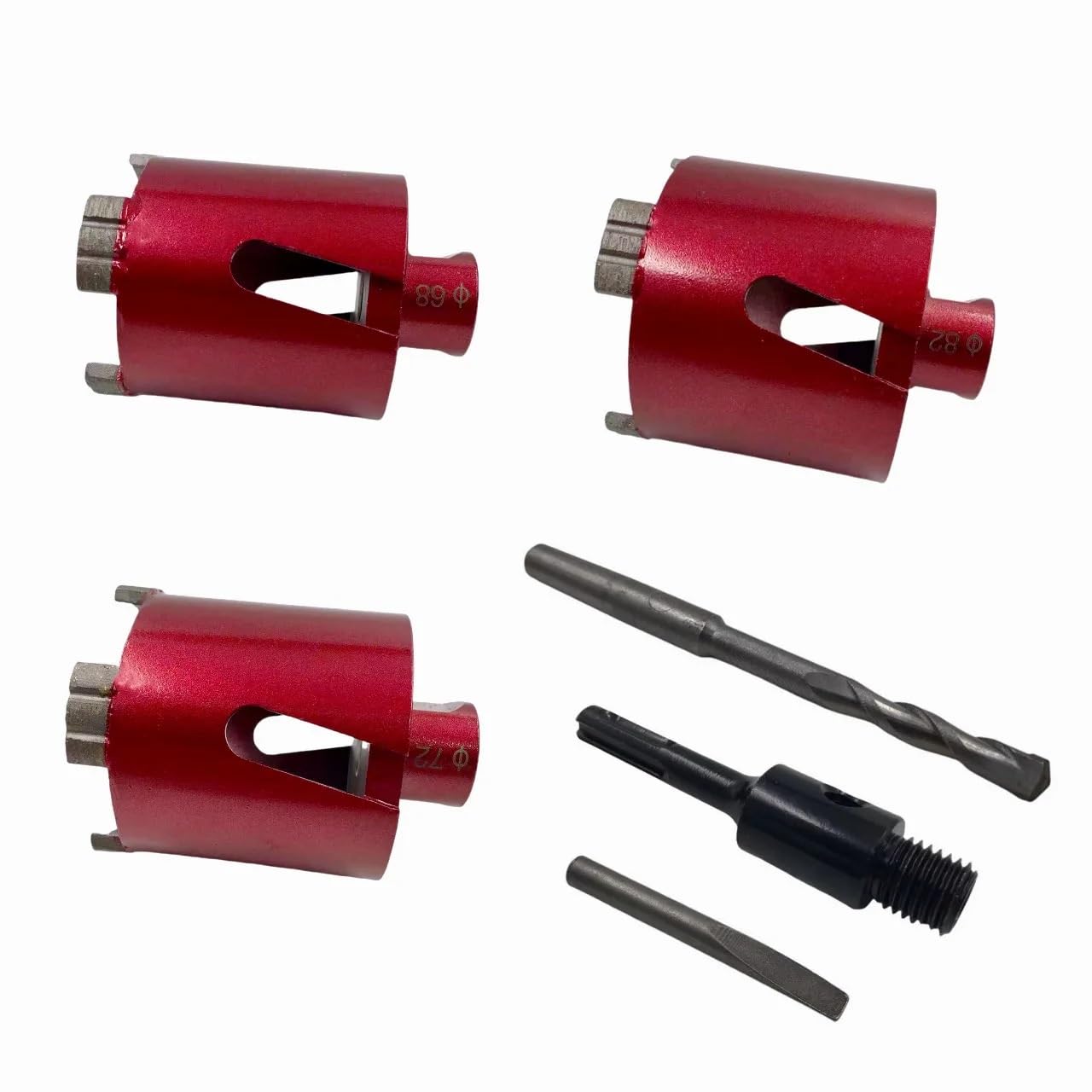 M16 diamentowe wiertło rdzeniowe spawane laserowo wraz z wiertłem centrującym i adapterem SDS-Plus. Nadaje się do otworów ściennych 68 mm, 72 mm, 82 mm (68 mm M16 SDS Plus)
