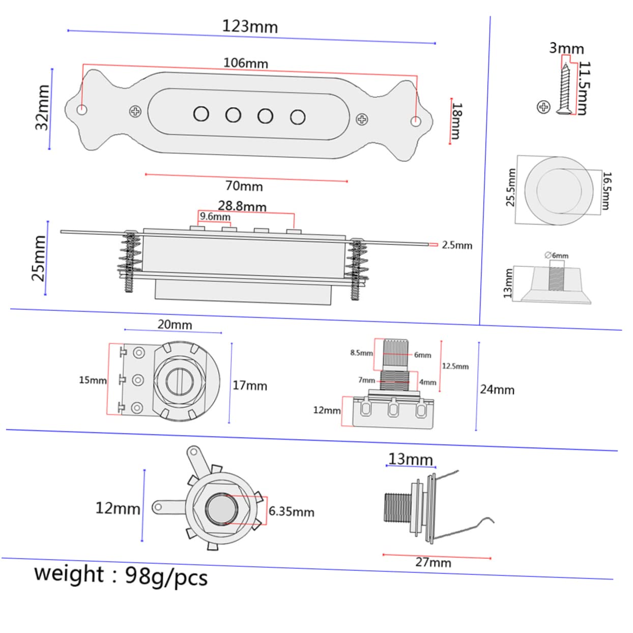 3pezzi Pickup Elettrico Per Chitarra Acustica Corde Con Controllo Di Volume e Tono Design Pre-cablato Compatibile Con Chitarre Folk e Elettriche Nero