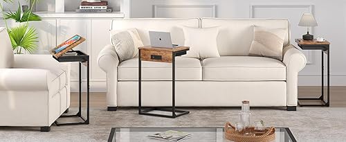 Miniatura 7 de Mesa auxiliar en forma de C con estación de carga, mesa abatible ajustable inclinable a 45° con almacenamiento, mesa pequeña en C para espacios