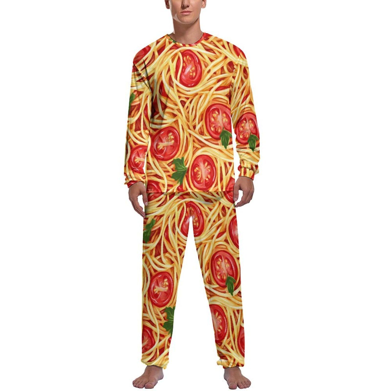 Spaghetti Pasta Noodles Salsa T-omato Pigiama da uomo Set Elastico in vita Sleepwear Girocollo Manica Lunga Setosa Loungewear