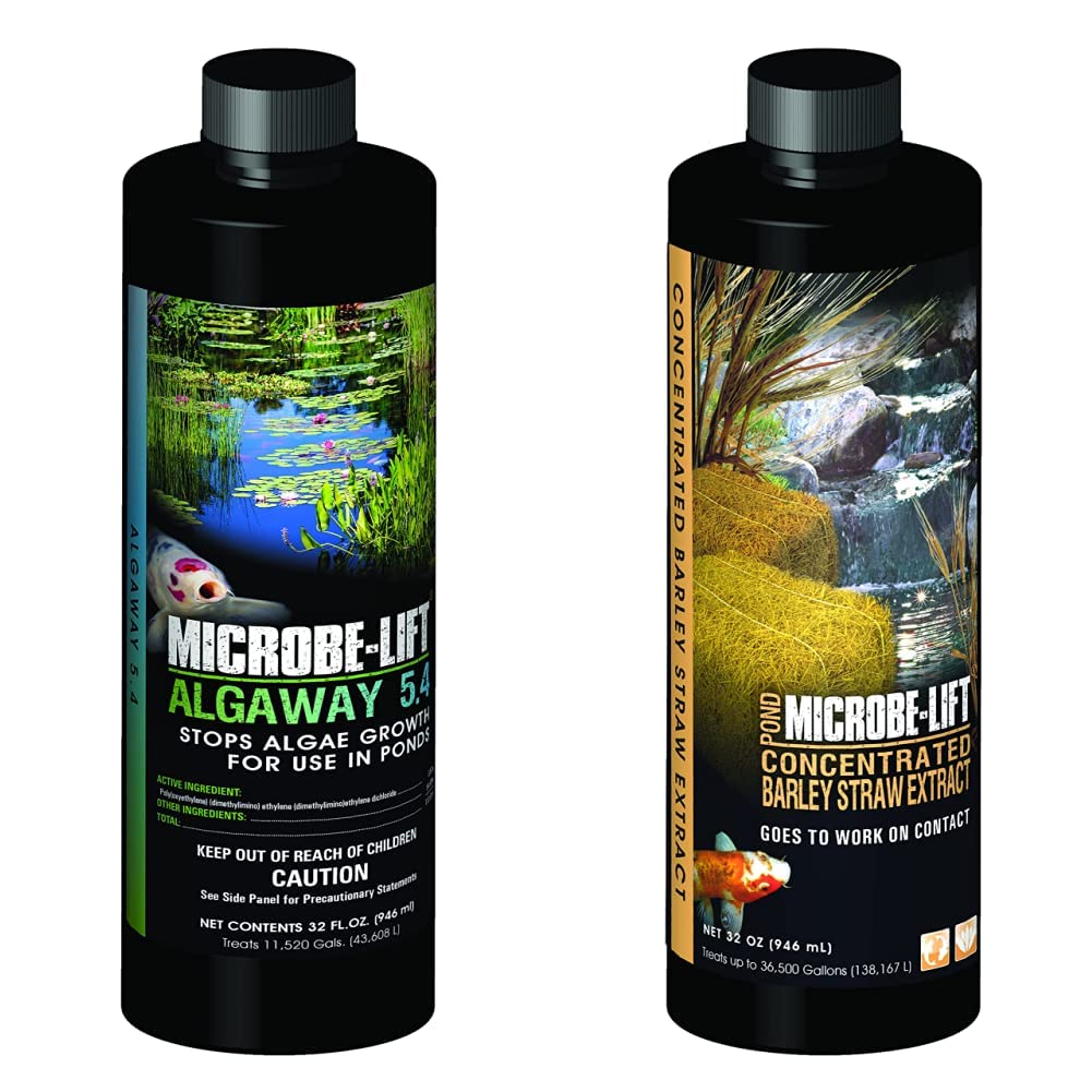 MICROBE-LIFT ALGA32 Algaway 5.4 Algae Control Treatment for Ponds and Water Gardens, 32 Ounces & MLCBSE1L Concentrated Barley Straw Extract Conditioner for Ponds and Outdoor Water Garden,32 Ounces