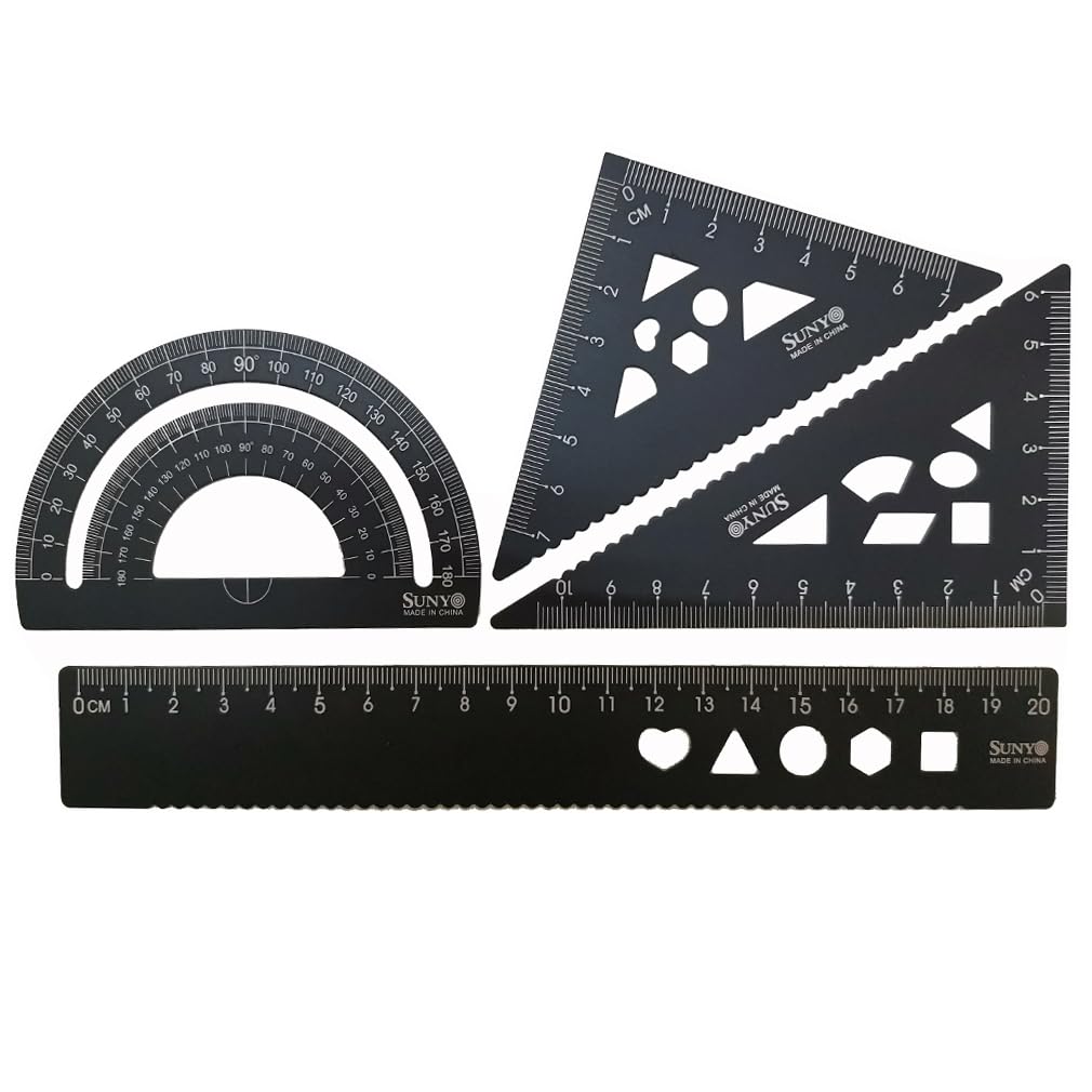 YUANCOX Student Rulers set of 4 pieces Drawing Straight Lines Triangles Protractor Scales Suitable for Student Geometry Mathematics Geography Drawing Auxiliary Learning Tools set (4pc-Black)