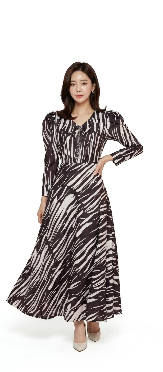 Women's Zebra Print Maxi Gown, Long Sleeve V-Neck with Puff Shoulders and Tie-Back Detail-image-9