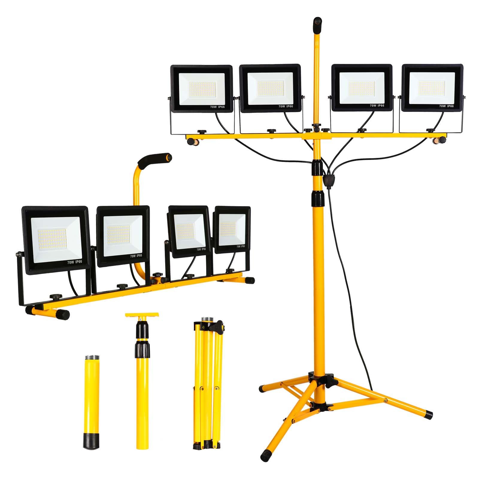 40000Lumen LED Work Lights with Stand - 4Head Portable Work Light on Stand - IP66 Waterproof Tripod Worklights for Outdoor Indoor Job Site Workshop Garage Construction Site Lighting