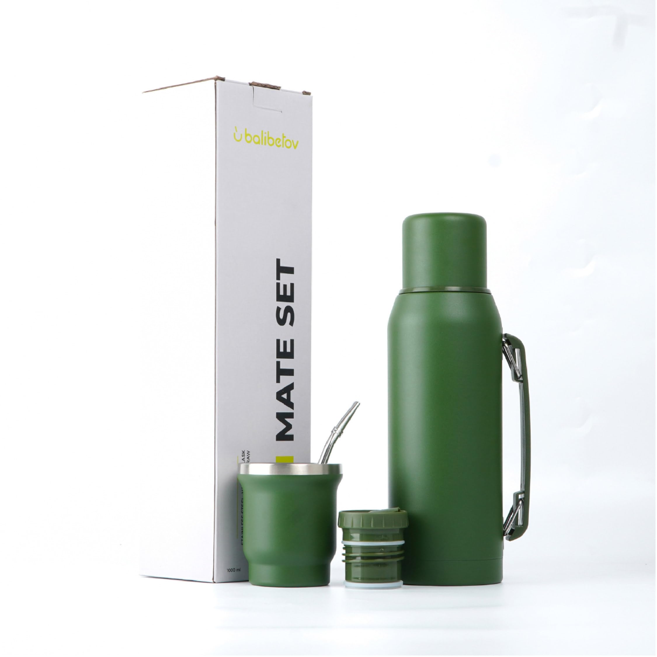 BALIBETOV Kompletny zestaw Yerba Mate – nowoczesna tykwa Mate (266 ml), butelka termiczna z 2 wylewkami (999 ml), 2 słomki Bombilla - zestaw jakości premium, zielona