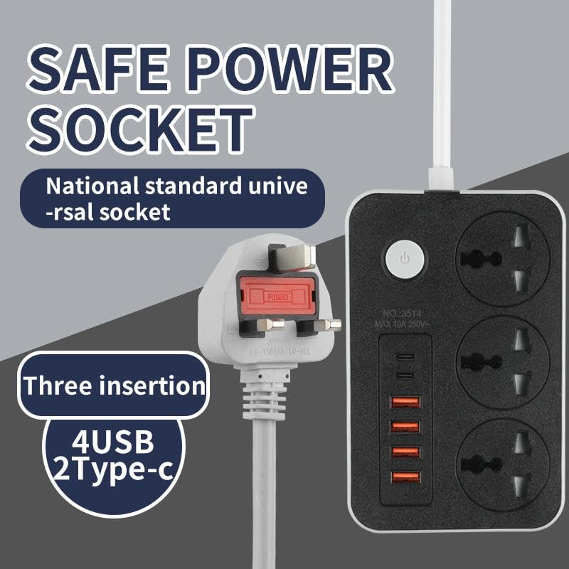 Image of Extension Board with 3 Universal Sockets, 4 USB Ports & 2 Type-C Ports | 2500W 10A Power Strip | Heavy Duty 3 Pin Plug | Master Switch | Multi Plug Extension Board for Home, Office & Travel