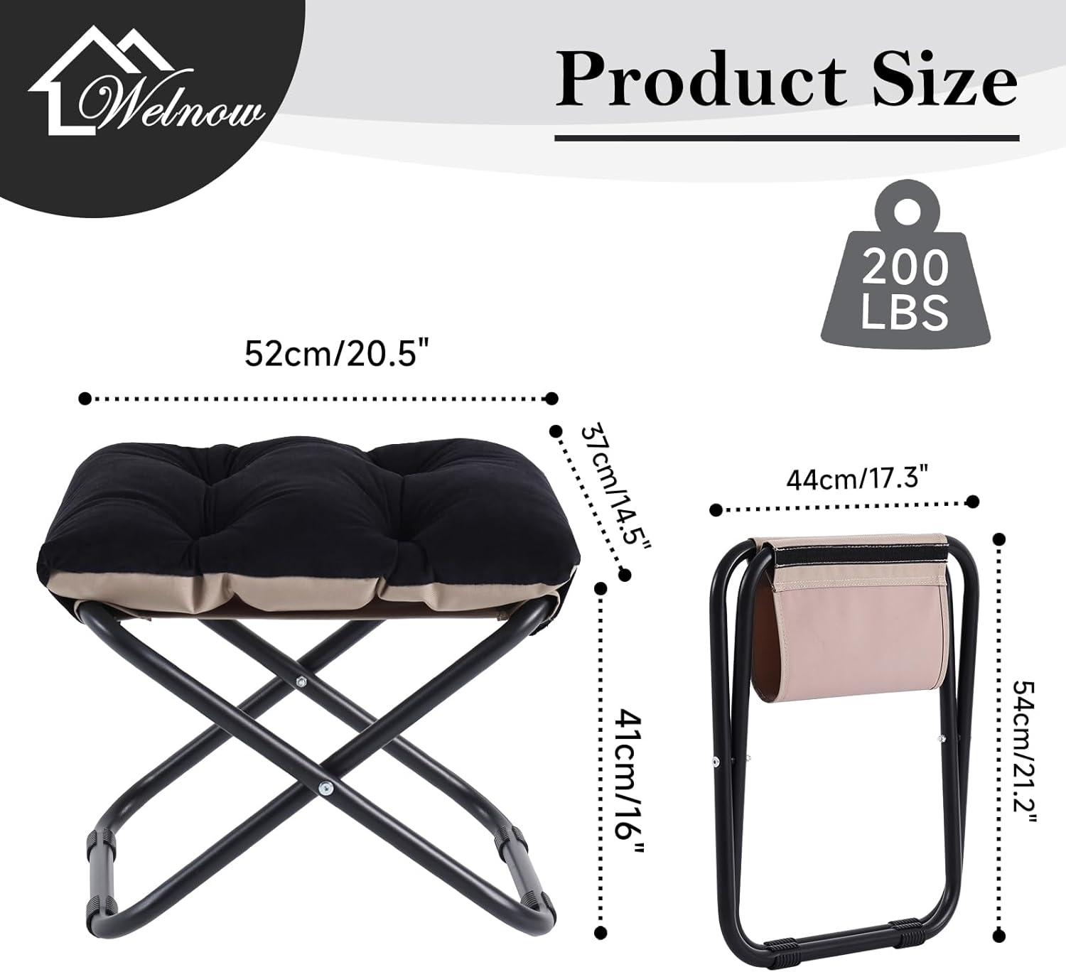 Welnow Folding Foot Stool, Upholstered Small Accent Ottoman with Detachable Thick Cotton Cushion, Padded Sofa Stool with Straight Metal Legs for Lazy Chair, Living Room, Bedroom, Black