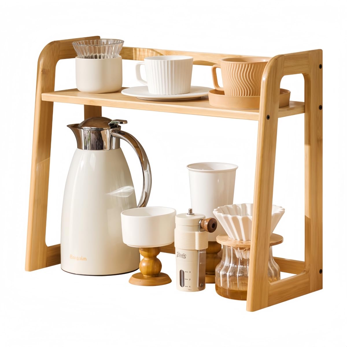 Natural Bamboo Coffee Station Organizer, 2-Tier Wooden Kitchen Counter Shelf for Bar Accessories, Multi-Functional Countertop Storage Rack for Syrup Bottles & Coffee Essentials (Natural Bamboo)