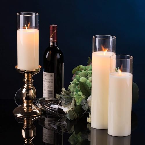 Miniatura 3 de Paquete de 3 velas LED parpadeantes de cristal de cera real que funcionan con pilas, con control remoto, temporizador de 24 horas (3 x 8 pulgadas,
