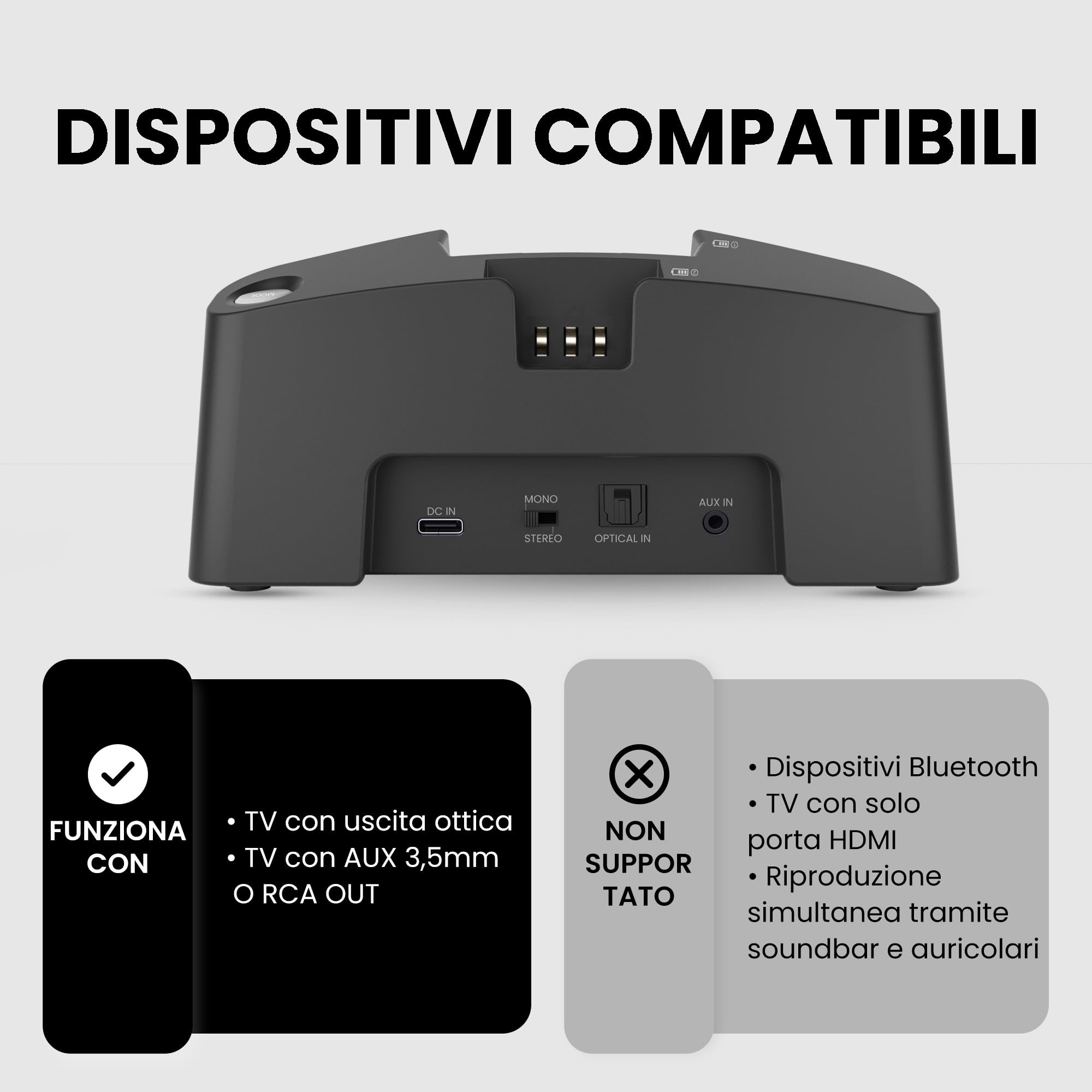 Avantree HT381- RF Digitale Cuffie Senza Fili la TV con Trasmettitore RF, Controllo del Volume Bilanciato L/R, Wireless Auricolari per Anziani, Compatibili con TV con Uscita Audio Ottica o AUX | Controllo Volume L/R, Suono Ambientale, 3 Modalità EQ, Trasm