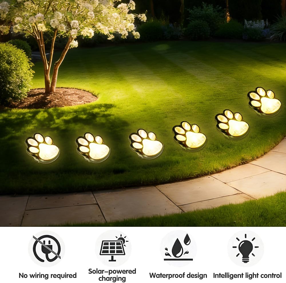 Pack of 6 Solar Floor Lights, Outdoor LED Solar Lights for Outdoors, Solar Powered Paw Print Garden Lights, Decorative Garden Lighting for Lawn, Patio, Balcony, Driveway & Walkway, Warm White