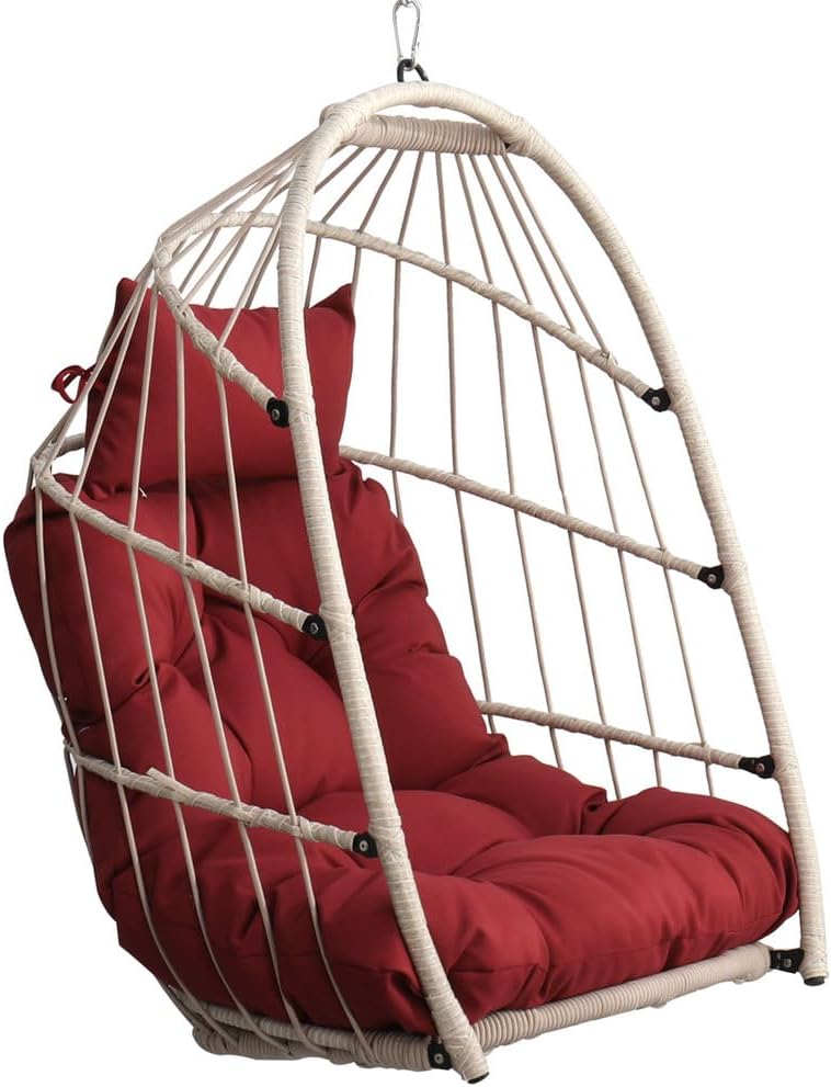 Hanging Egg Chair Without Stand – Foldable Rattan Wicker Swing Chair with Cushion & Headrest, 350lbs Capacity, Ceiling/Tree Mount Kit Included for Indoor Outdoor Use,White