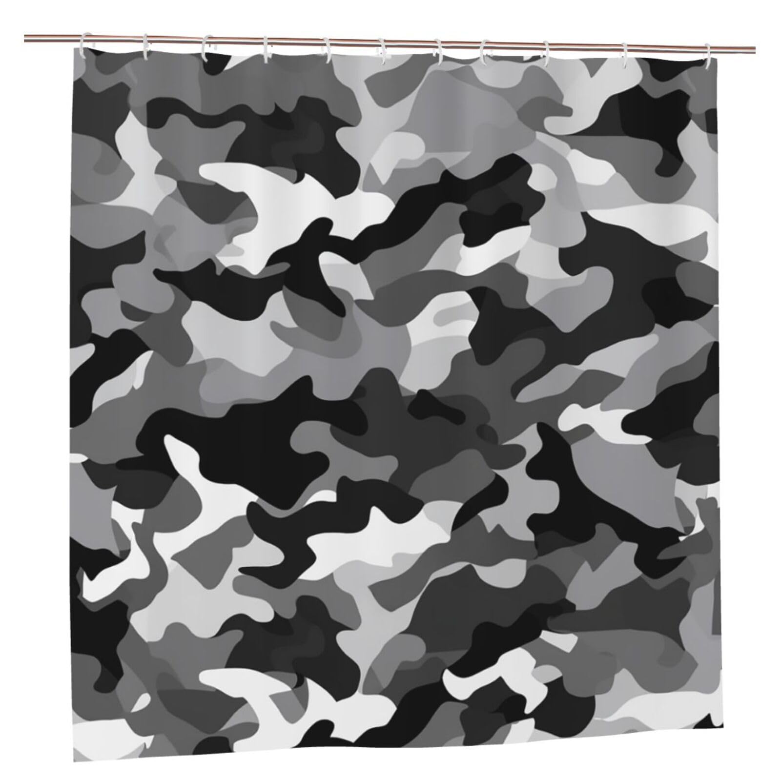 Rideau de douche camouflage noir et blanc 183x183 cm lavable avec 12 crochets