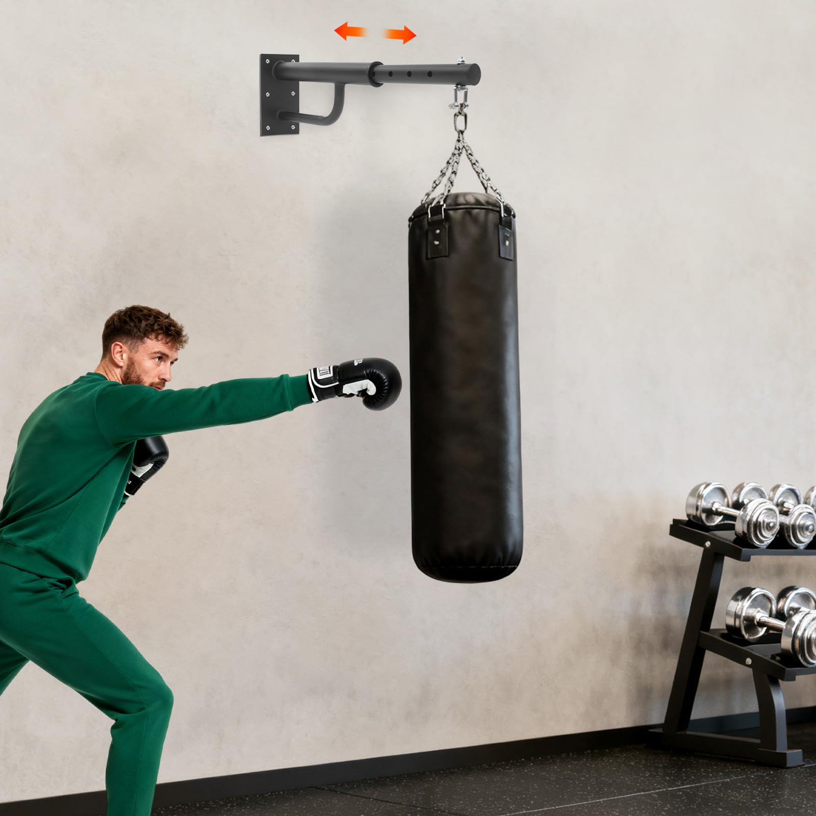 Soporte de pared para saco de boxeo de 5 niveles, gancho giratorio 360°, capacidad 150 kg
