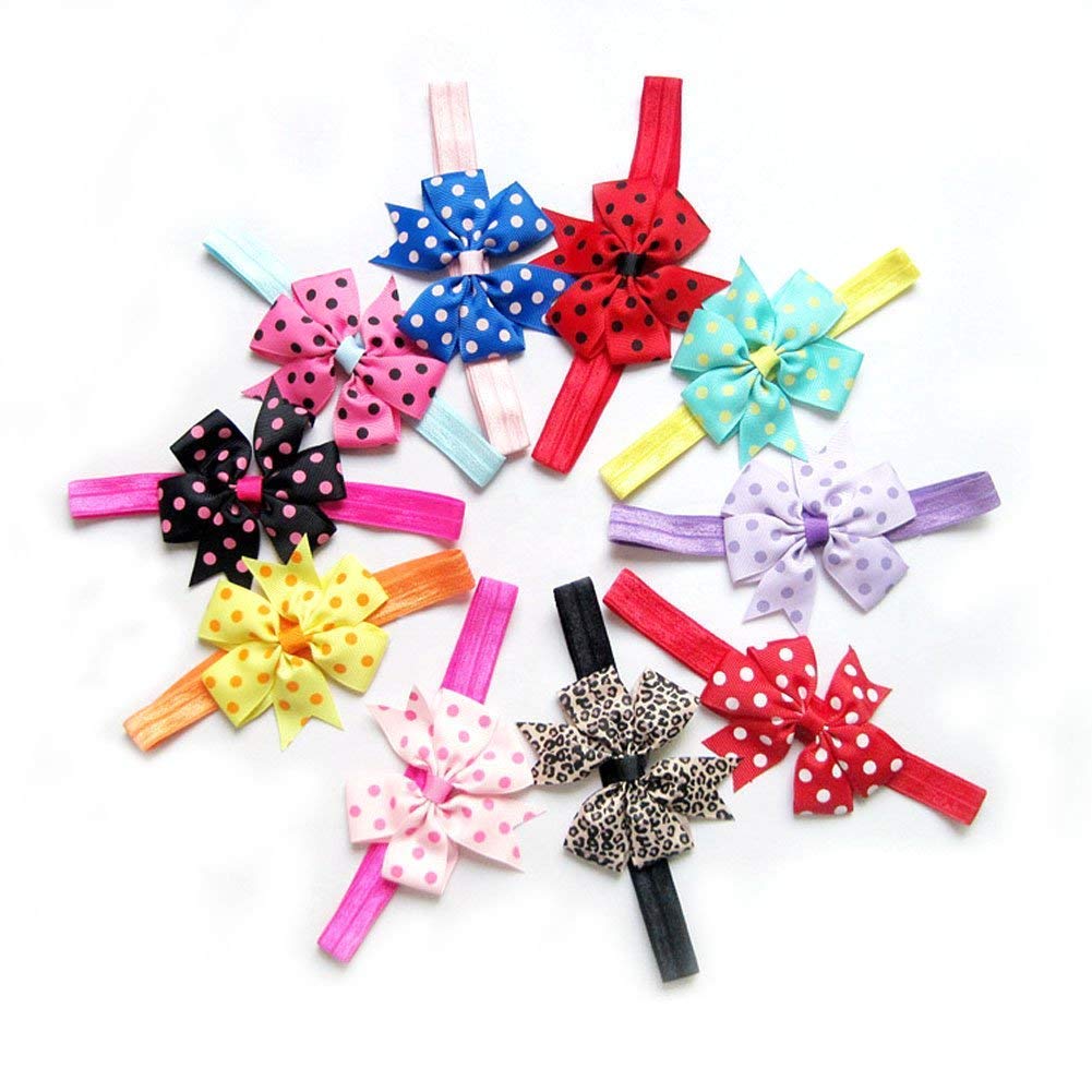 FOK Chiffon Satin Lace Elastic Bow Head Hair Bands for Kids - 10 Pieces