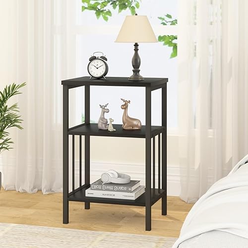 Miniatura 7 de LVB Mesita de noche pequeña negra, moderna y estrecha, juego de 2, mesa auxiliar de metal de madera industrial con estante de almacenamiento, mesa