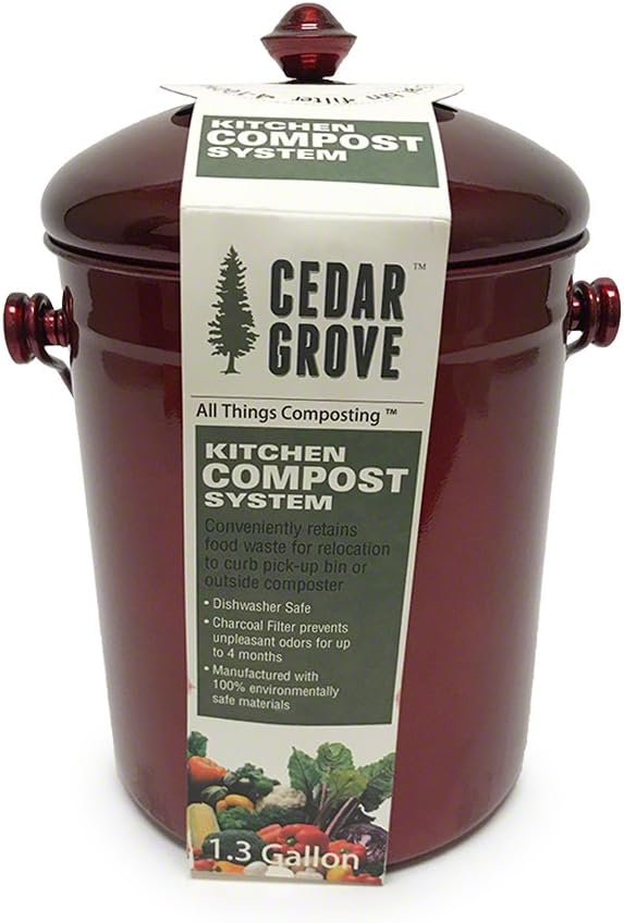 Cedar Grove Red Metallic Stainless Steel Kitchen Compost Bin, 1.3 Gallon, with Charcoal Filter Lid
