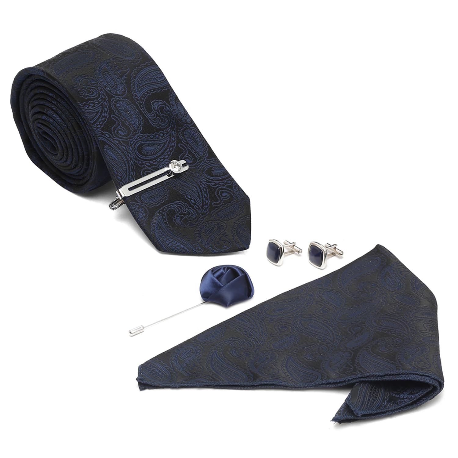 Mens Blue Italian Silk Necktie Set Incl Pocket Square Cufflinks Chrome Tiepin Brooch American Style Formal Tie Gift Set for Men (TEBUCP)-image-44