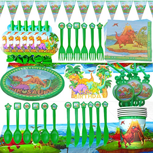 WENTS Stoviglie di Dinosauro Set - 95 PCS Forniture per Feste di Compleanno di Dinosauri, Piatti, Coppe, Copritavolo, tovaglioli, forchette per la Festa di Compleanno per Bambini (Serve 10)