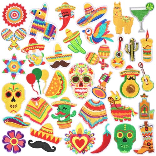 36pcs Cinco De Mayo Iron On Patches Mexican Fiesta Embroidered Sew Applique Mexican Carnivals Piñata Sombrero Pepper Repair Patch DIY Crafts for Clothing Jacket Jeans Pants Dress Backpack Hat Decor