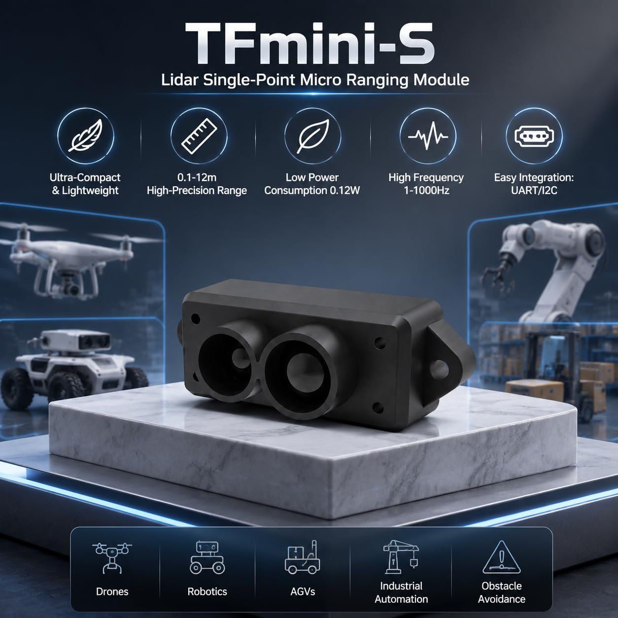 Benewake TFmini-S LiDAR Distanzsensor,0.1-12m,UART/I2C
