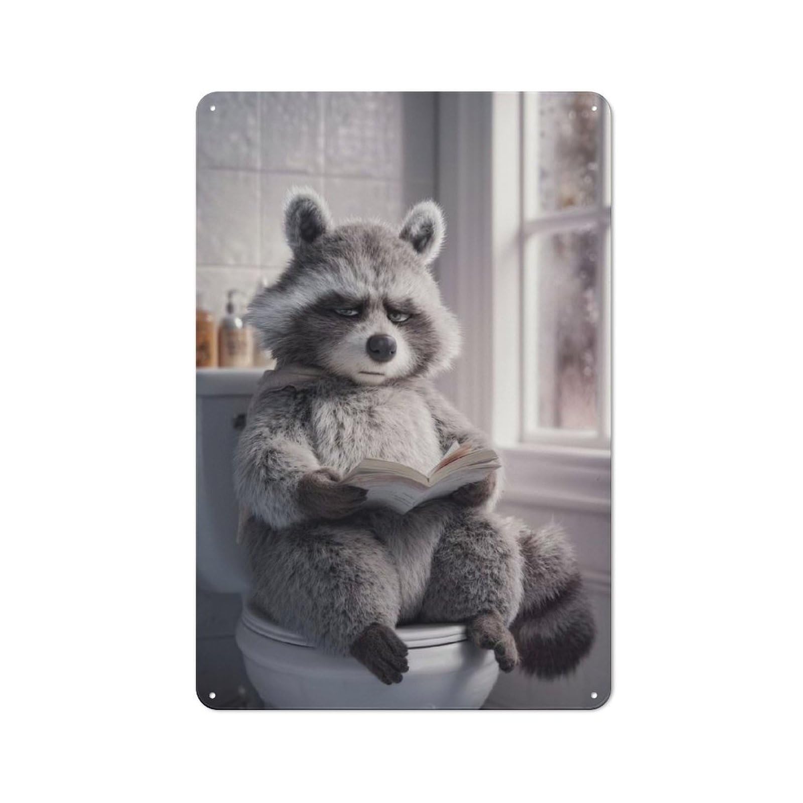 Metal Wall Sign 30x20cm Featuring Raccoon Reading on Toilet for Café Or Restaurant, A Decorative Metal Sign for Cafés And Restaurants