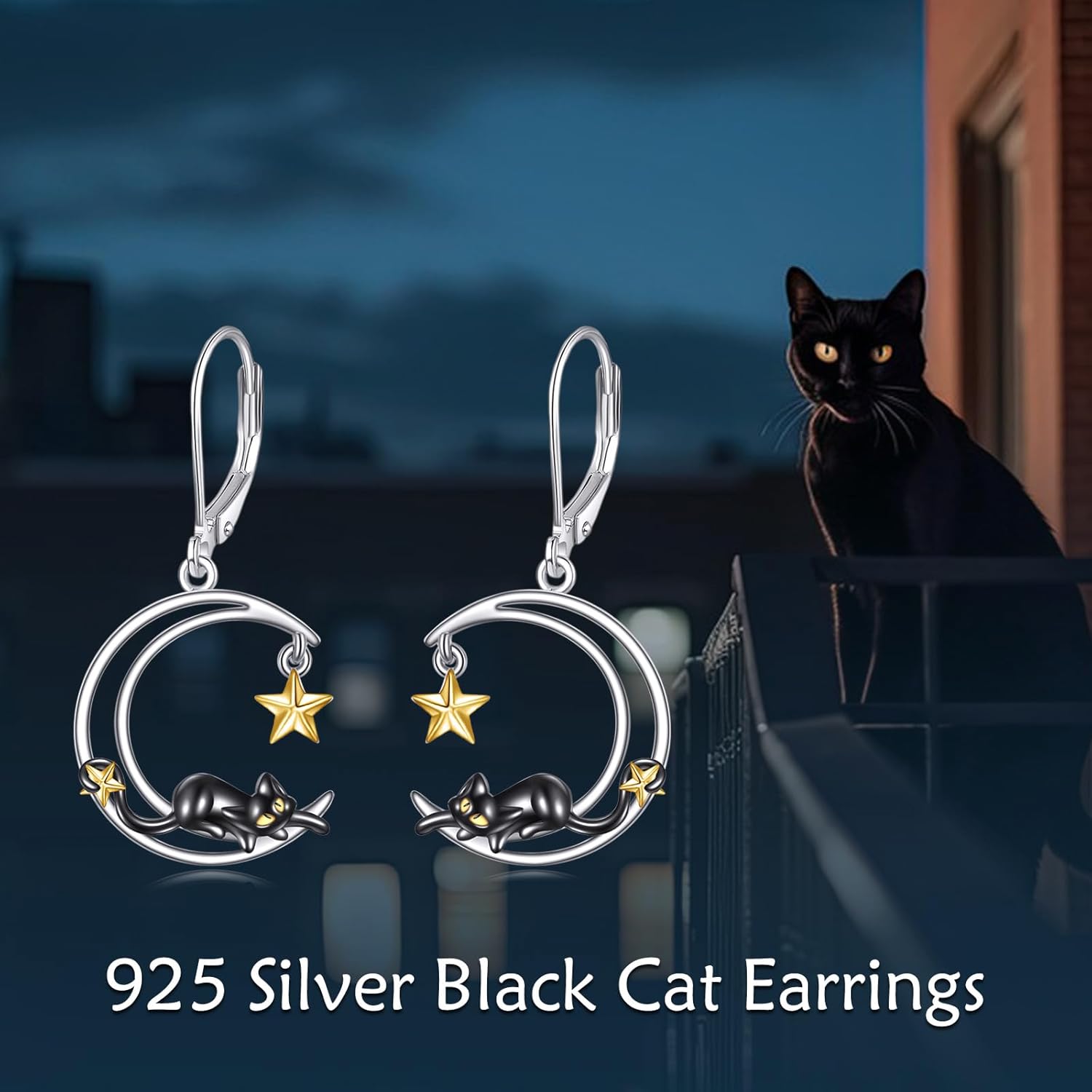 Black Cat Drop Dangle Earrings 925 Sterling Silver Lever Back Cat Jewelry for Girls Women Christmas Gifts - Image 5