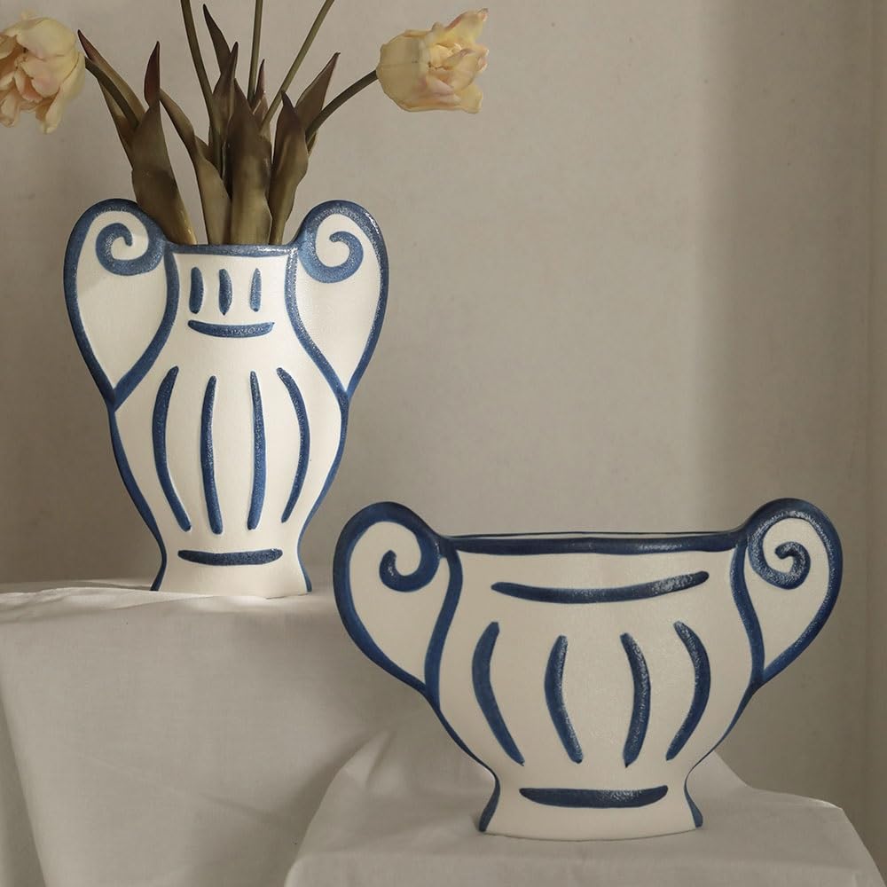Wazony z kwiatami Wazon w stylu greckim z uroczym wzorem rzymskiej kolumny, ręcznie robiony ceramiczny pojemnik na kwiaty, ozdoba do domu(Duży)