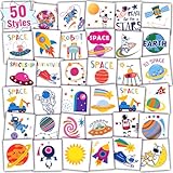 Partywind Outer Space Themed Party Supplies, Individually Wrapped Cut Tattoos for Kids Space Party Favors Decorations, Rocket/Astronaut/Planet Tattoos for Goodie Bag Stuffers (50 Styles)