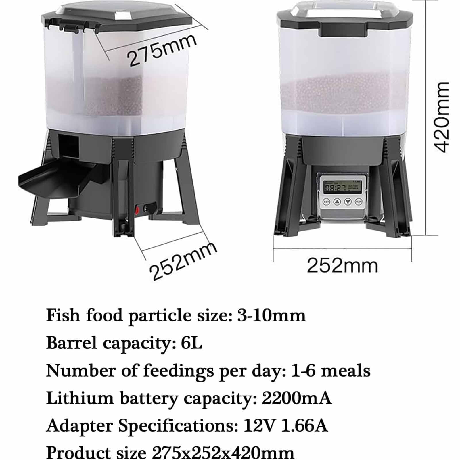 ERICAT Dispenser Automatico Solare per Mangime per Pesci da Laghetto da 6 Litri, Dispenser Elettrico per Mangime per Pesci con Display LCD E Timer, Alimentazione Dispersa a 120° E 6 Tempi