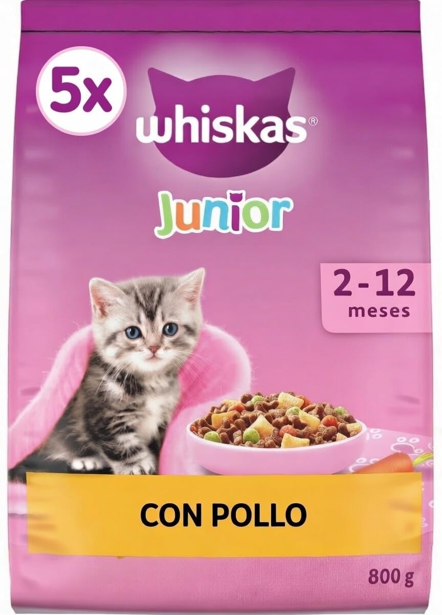 Whiskas Junior Cat Food, Chicken Flavor, 2-12 Months, 800 g, Pack of 5