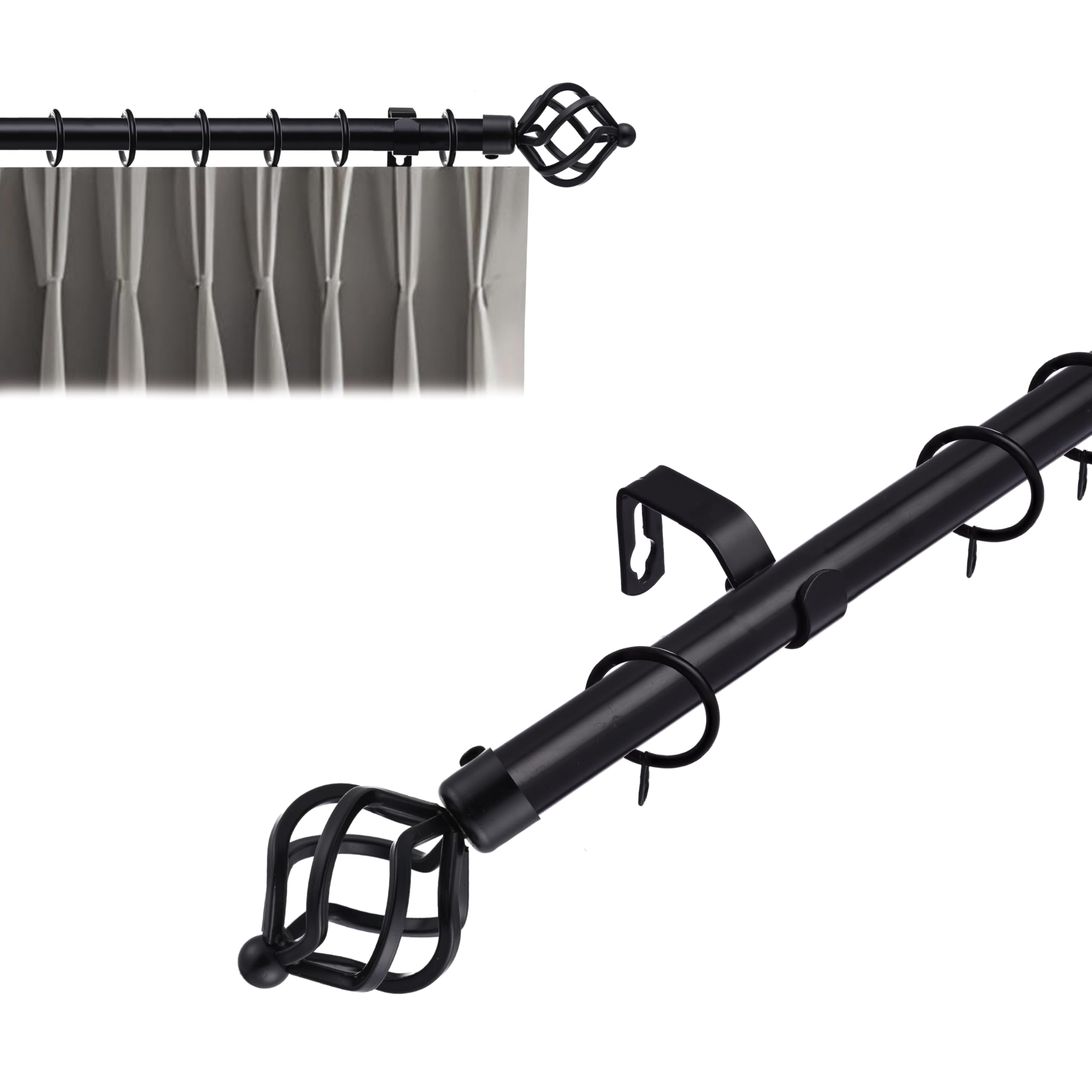 Lister Cartwright Black (Cage Finials) 19 Mm Extendable Metal Curtain Poles Rods Voile Easy Fitting - Black (Cage Finials, 210-360 Cm)