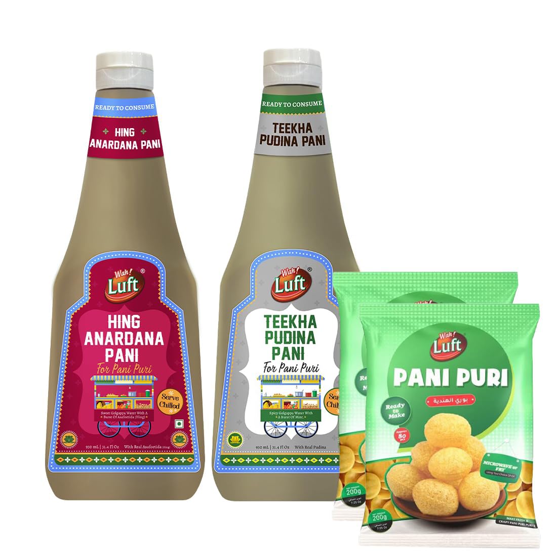 Wah Luft Hing Anardana Pani 930mL, Teekha Pudina Pani 930mL & Ready to Make Pani Puri Pellets 200g x 2 pack - Combo Pack of 4 (Pani Puri, Ready to Consume, Microwave or Fry, Serve chilled)