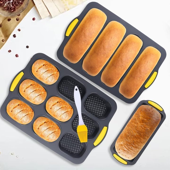 Gachiwar Silikon-Brotform, Französische Backform, 3er-Pack, Leicht zu Reinigende Antihaft-Form mit Ölbürste, Perfekt für Baguettes