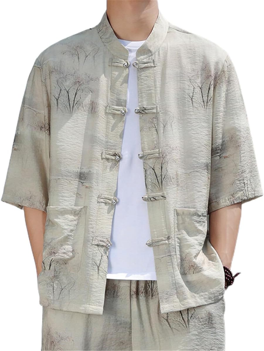 Men's Shirt Summer 3/4 Sleeve Floral Print Mandarin Collar Jacket